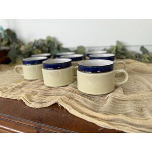 8 Spectrum Stoneware Midnight Blue 763 tea cup blue and brown rim cream yellow